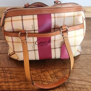 Coach Plaid Bag in Cream and Tan with Pink Accent